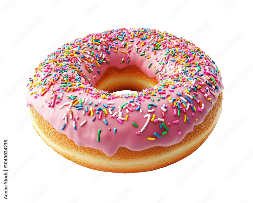 A pink frosted doughnut with sprinkles on top A pink frosted doughnut with sprinkles on top