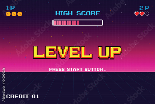 LEVEL UP. press start button. pixel art .8 bit game. retro game. for game assets in vector illustrations.