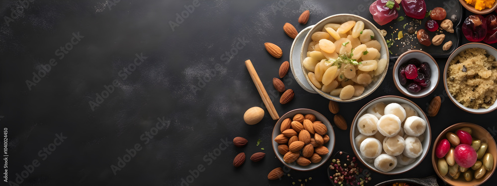 Assorted nuts and snacks in bowls on black background with ingredients around, copy space Assorted nuts and snacks in bowls on black background with ingredients around, copy space