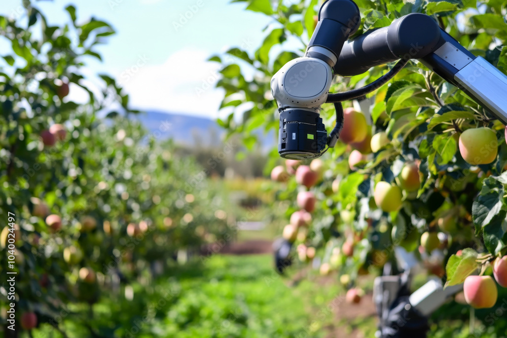 Robot picking apples in orchard surrounded by trees and ripe fruits, smart agriculture concept Robot picking apples in orchard surrounded by trees and ripe fruits, smart agriculture concept