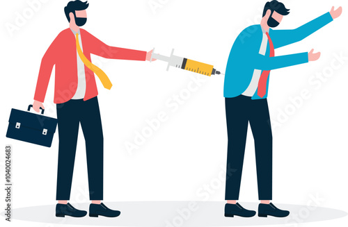 Hand holding a syringe to give businessman an injection,

