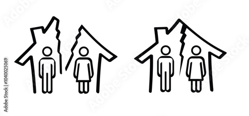 Cartoon family divided broken, man and woman halve their house or home. Divorce concept. Couple dividing their house couple dividing their house. woman, man and broken heart.
