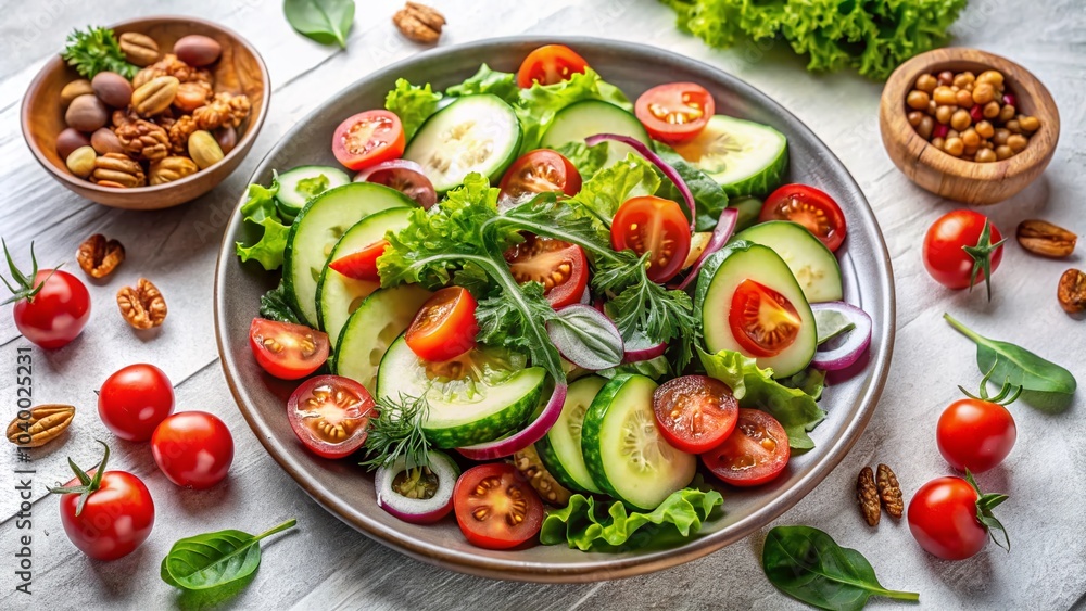 Healthy Salad with Tomato, Cucumber, Greens, and Nuts on a Light Background - Fresh Ingredients for Nutrition and Healthy Salad with Tomato, Cucumber, Greens, and Nuts on a Light Background - Fresh Ingredients for Nutrition and