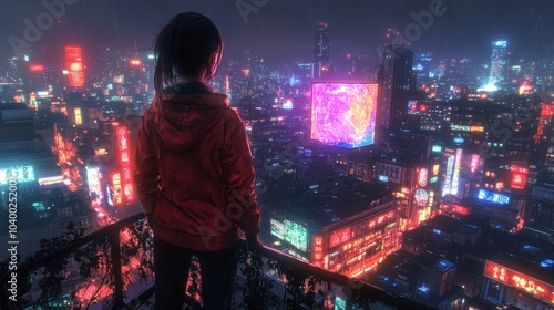 An illustration painting of a man standing on a balcony and viewing a futuristic city with colored lights, digital art style