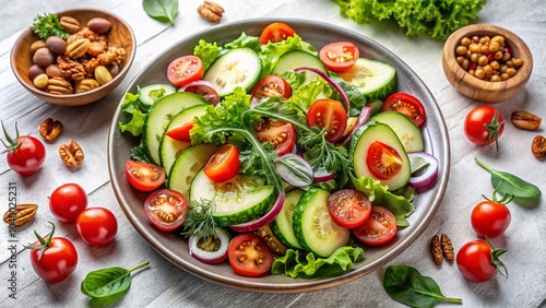 Healthy Salad with Tomato, Cucumber, Greens, and Nuts on a Light Background - Fresh Ingredients for Nutrition and