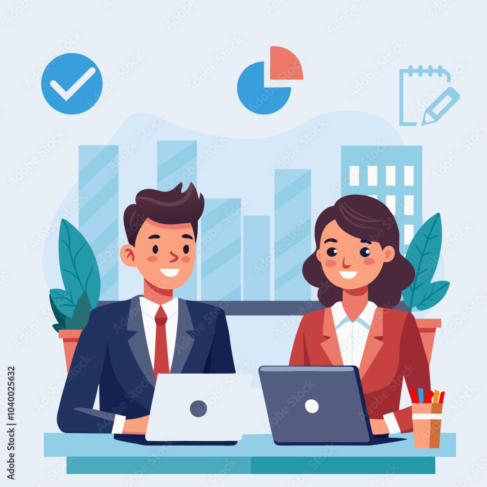 Smiling Male and Female Business Consultation Smiling Male and Female Business Consultation