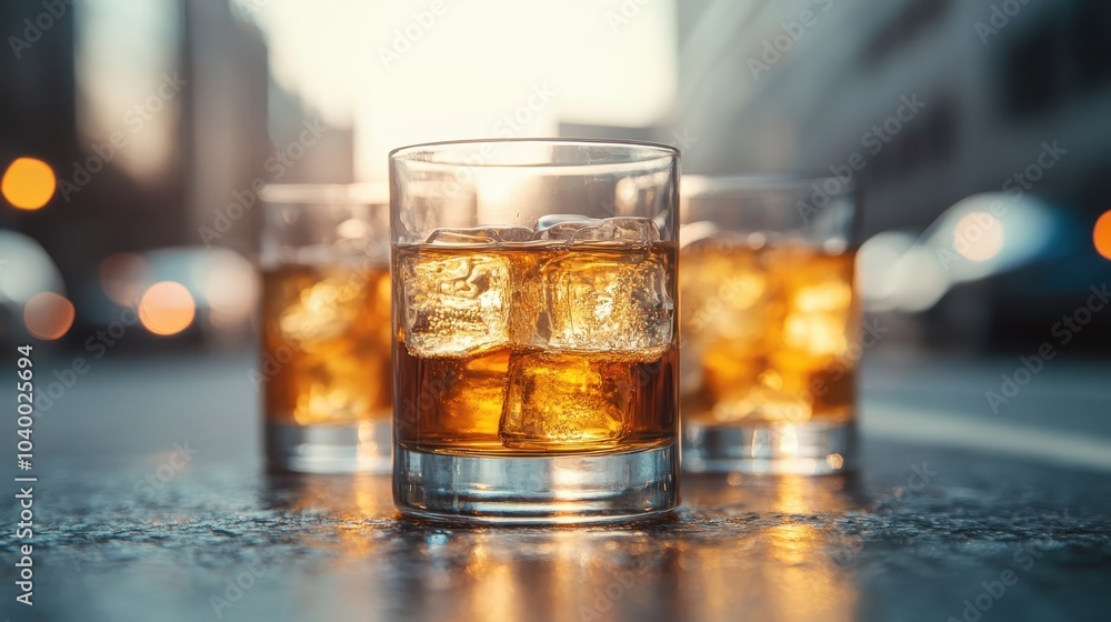 Three glasses of whiskey with ice cubes blend into the urban backdrop, showcasing a refined and elegant style that captures sophistication and metropolitan vibes. Three glasses of whiskey with ice cubes blend into the urban backdrop, showcasing a refined and elegant style that captures sophistication and metropolitan vibes.
