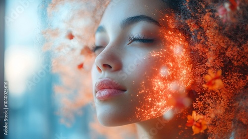 Person exploring antiaging techniques portrayed half in their natural form and half glowing with vibrant rejuvenated energy