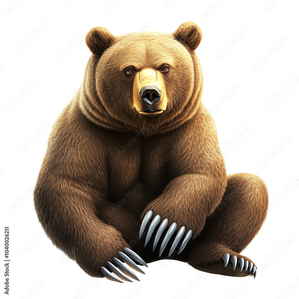 A realistic illustration of a brown bear sitting, showcasing its powerful build and prominent claws, symbolizing strength and nature. A realistic illustration of a brown bear sitting, showcasing its powerful build and prominent claws, symbolizing strength and nature.