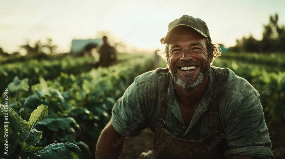 A beaming farmer is surrounded by lush crops during golden hour, capturing a sense of fulfillment and harmony with nature as the sun sets on the horizon. A beaming farmer is surrounded by lush crops during golden hour, capturing a sense of fulfillment and harmony with nature as the sun sets on the horizon.