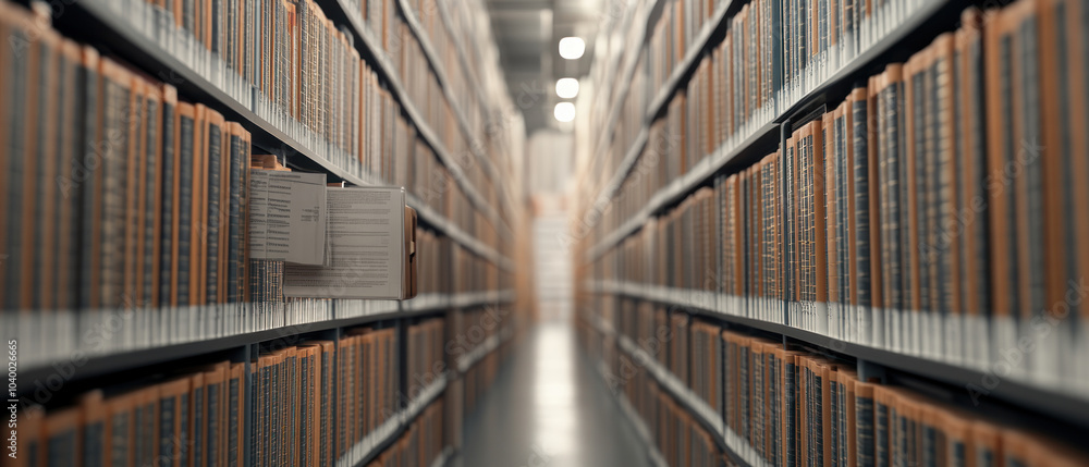 Rows of organized files in a modern archive, focused perspective view. Rows of organized files in a modern archive, focused perspective view.