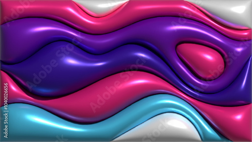 Dynamic 3D abstract wavy background, inflated balloon like forms in blue and purple colors, fluid shapes create a sense of motion and depth