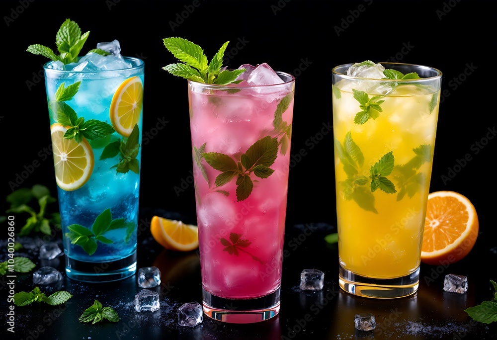 Colorful cocktails served with slices of lemon and mint
Colorful cocktails served with slices of lemon and mint
