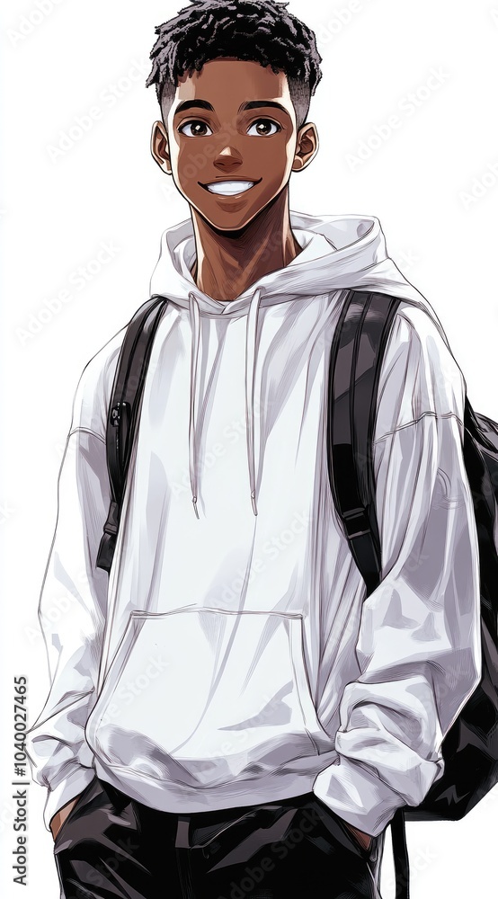 A young man smiling, wearing a white hoodie and carrying a backpack. A young man smiling, wearing a white hoodie and carrying a backpack.