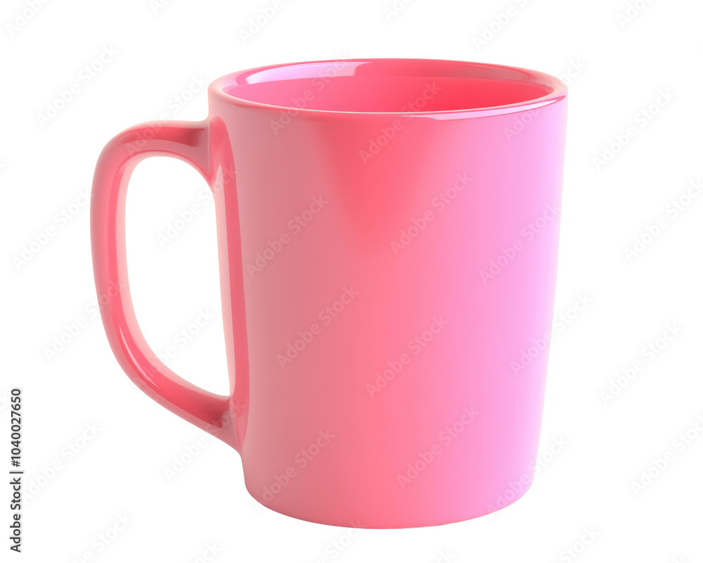 A pink cup with a handle. The cup is empty. The cup is sitting on a white background A pink cup with a handle. The cup is empty. The cup is sitting on a white background