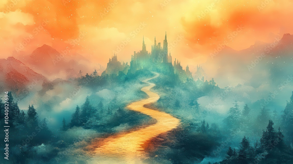 Fototapeta premium whimsical watercolor landscape featuring a serpentine golden road leading towards a dreamlike emerald city enveloped in soft pastel clouds and shimmering ethereal light