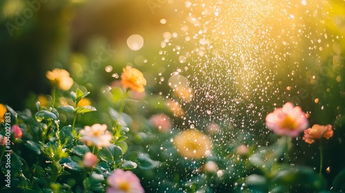 Closeup of a fertilizer spray in a blooming garden