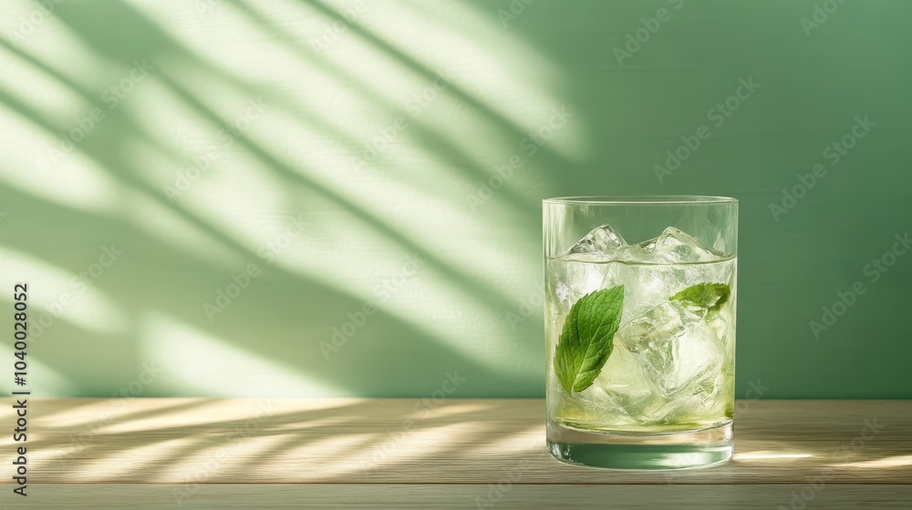A clear glass of refreshing cocktail garnished with mint leaves sitting on a sunlit wooden table, creating a vibrant and inviting atmosphere of leisure and freshness. A clear glass of refreshing cocktail garnished with mint leaves sitting on a sunlit wooden table, creating a vibrant and inviting atmosphere of leisure and freshness.