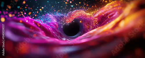 Highsaturation splashes of color spiraling into an abstract black hole, vibrant and surreal photo