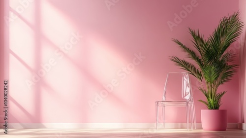 In a pastel-hued room, a clear chair and a pot plant are bathed in sunlight, casting geometric shadows. The soft color palette creates a serene and modern environment.