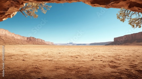 A vast desert landscape opens up through the mouth of a cave, showcasing a clear blue sky, expansive horizons, and rugged terrain under bright sunlight, creating a sense of adventure. photo