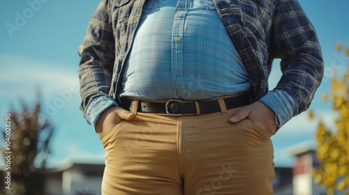 Person with prominent abdominal weight gain, dressed casually, highlighting the effects of body changes on everyday appearance, casual setting photo