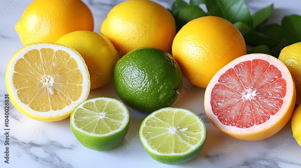 A citrus-themed flat lay of lemons, limes, and grapefruits on a white marble surface, their bright and fresh colors contrasting beautifully, soft natural light creating a clean and invigorating feel, A citrus-themed flat lay of lemons, limes, and grapefruits on a white marble surface, their bright and fresh colors contrasting beautifully, soft natural light creating a clean and invigorating feel,