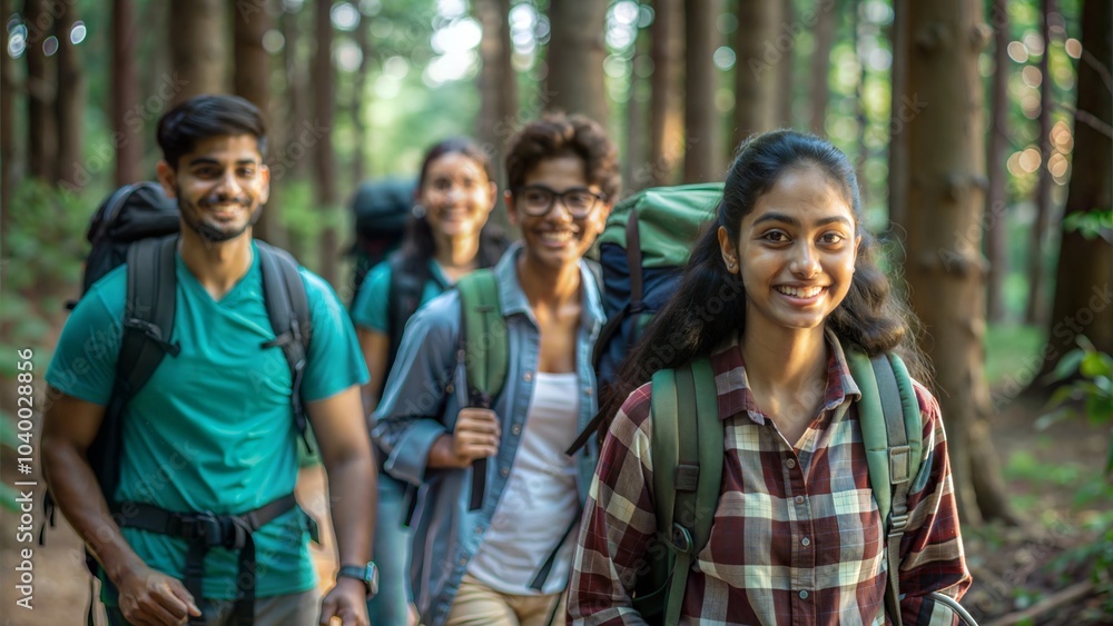 Indian Students with Backpacks in Forest Trail
Indian Students with Backpacks in Forest Trail