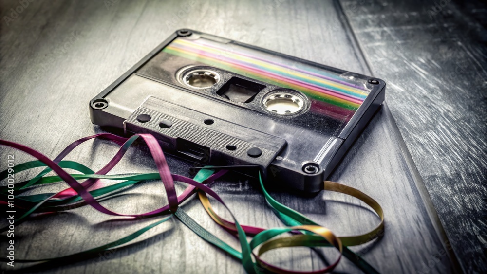 High Dynamic Range Cassette Audio Tape with Ribbon Suggesting Musical Rhythm High Dynamic Range Cassette Audio Tape with Ribbon Suggesting Musical Rhythm