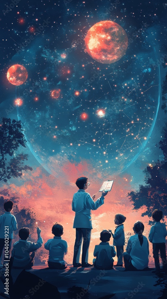 Scientist in planetarium dome, engaging students with celestial phenomena through interactive experiments and vivid illustrations Scientist in planetarium dome, engaging students with celestial phenomena through interactive experiments and vivid illustrations