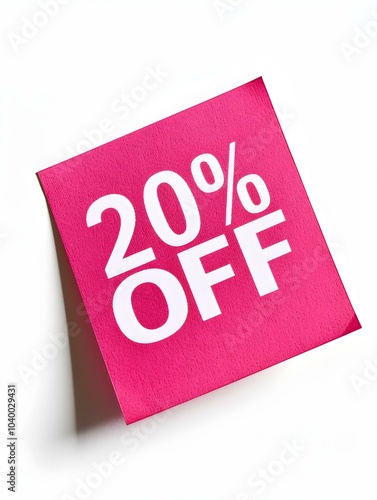 White '20% OFF' Text on a Pink Square Paper Note. White Background 