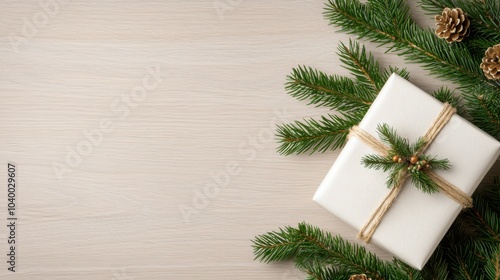 A beautifully wrapped white gift box adorned with pine branches and cones, set on a light wooden surface, perfect for holiday celebrations.