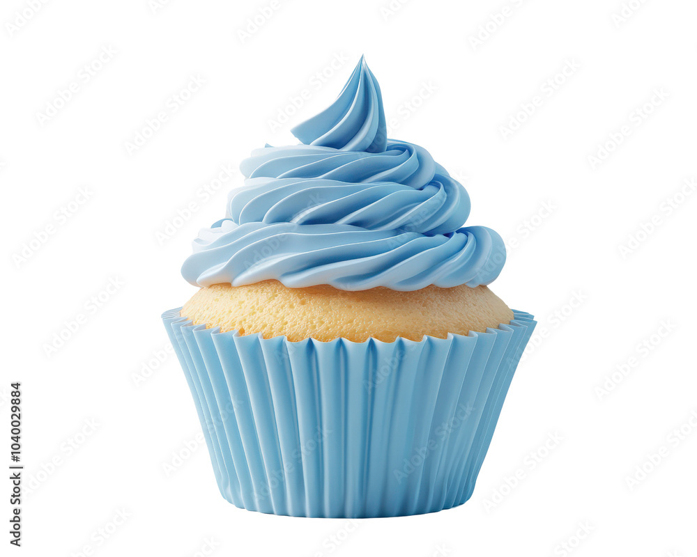 A blue cupcake with blue frosting. The frosting is in the shape of a swirl A blue cupcake with blue frosting. The frosting is in the shape of a swirl