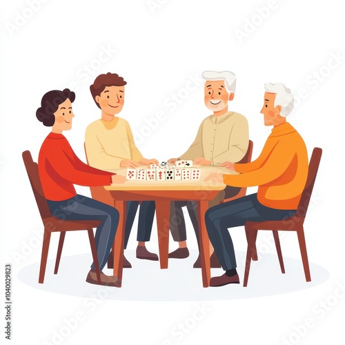 Senior man participating in a Mahjong tournament with friends, retiree social activity, cartoon style, bright colors, isolated on white background