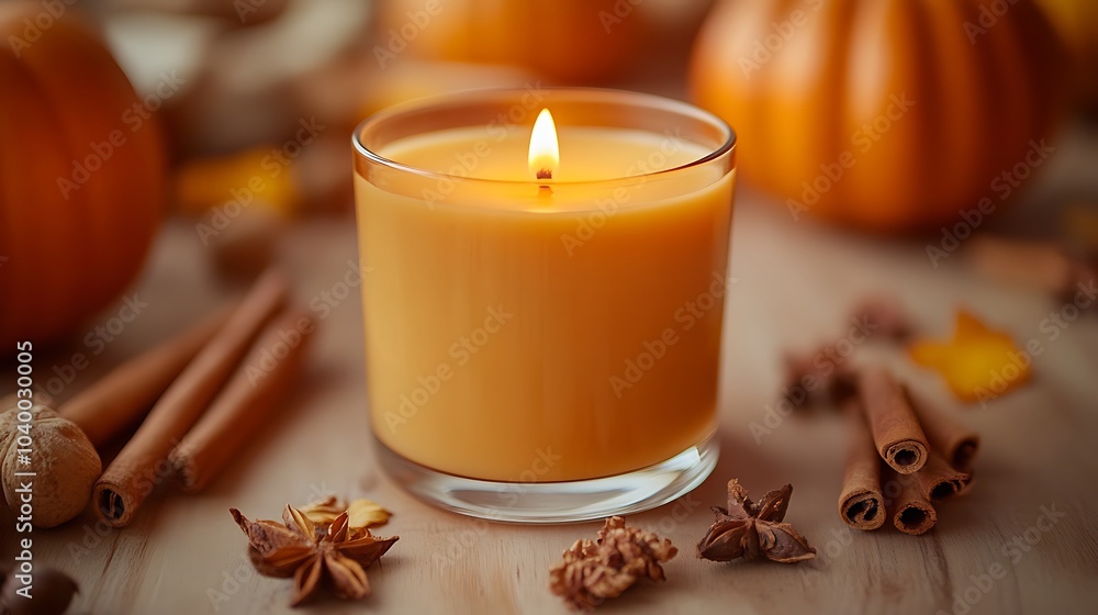 A close-up of a spiced pumpkin candle burning softly, surrounded by cinnamon sticks, nutmeg, and cloves, warm amber light flickering, the cozy and inviting scent of spiced pumpkin filling the room.
