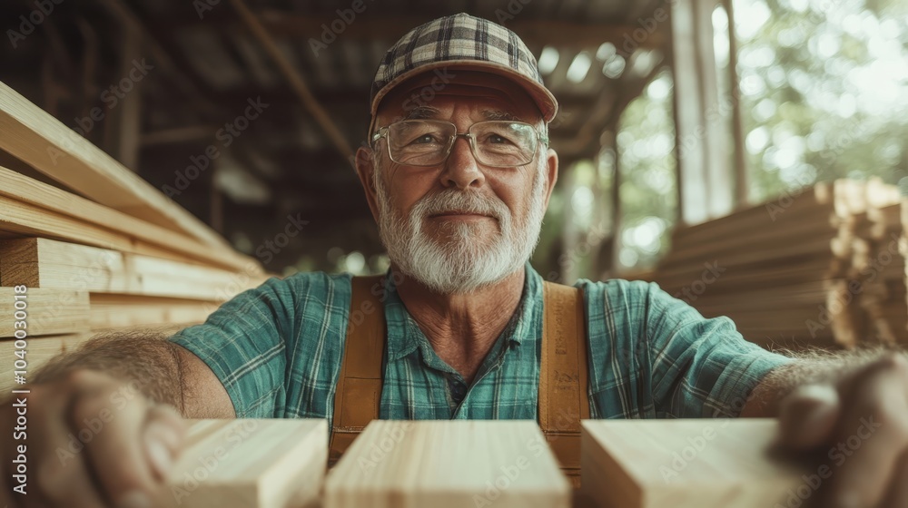 An elderly carpenter wearing plaid shirt and cap, surrounded by stacks of lumber in a workshop, embodies craftsmanship and dedication to his woodworking trade. An elderly carpenter wearing plaid shirt and cap, surrounded by stacks of lumber in a workshop, embodies craftsmanship and dedication to his woodworking trade.