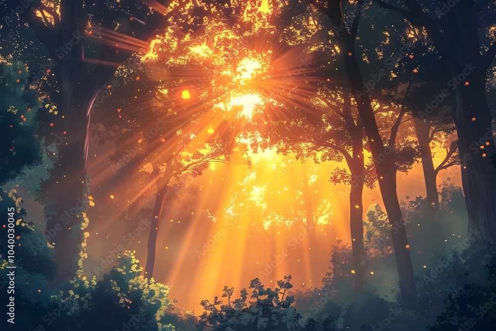 Obraz premium Enchanted Forest Bathed in Golden Sunlight