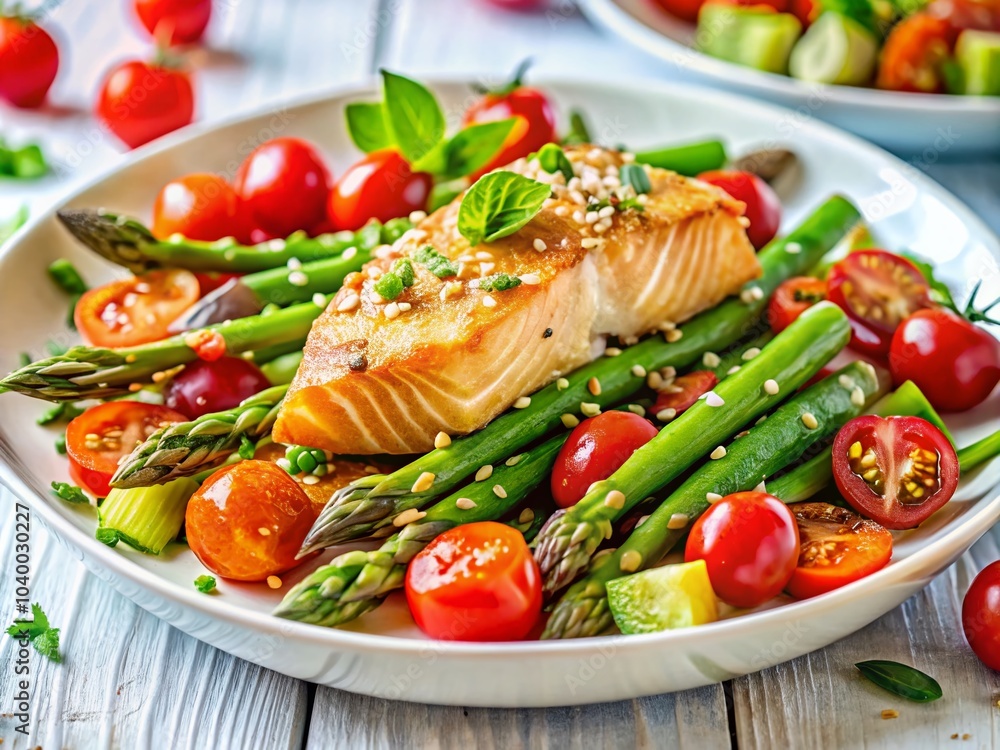 High Protein Asparagus and Salmon Salad with Fresh Ingredients for Healthy Eating High Protein Asparagus and Salmon Salad with Fresh Ingredients for Healthy Eating