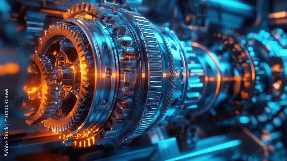 Close-up of an intricate industrial machine with gears, brightly lit with blue and orange lighting, showcasing mechanical engineering and precision technology. Close-up of an intricate industrial machine with gears, brightly lit with blue and orange lighting, showcasing mechanical engineering and precision technology.