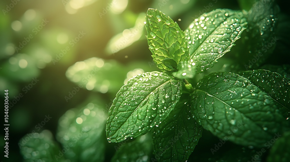 A close-up of fresh peppermint and spearmint leaves glistening with morning dew, soft sunlight filtering through the greenery, a hint of eucalyptus in the air, A close-up of fresh peppermint and spearmint leaves glistening with morning dew, soft sunlight filtering through the greenery, a hint of eucalyptus in the air,