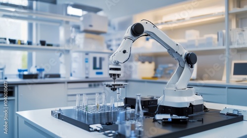 A robot conducting advanced research in a clean, high-tech materials science lab with organized workstations and sophisticated testing equipment, Materials science tech style