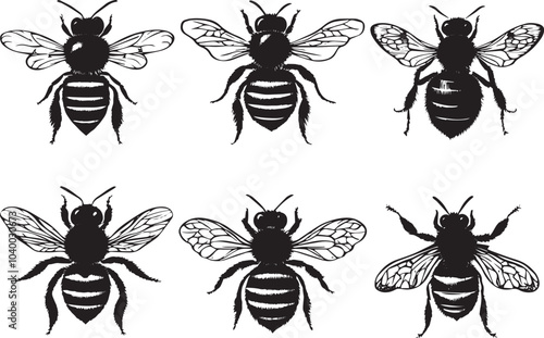 A set of bees. Hand drawn vector illustration	