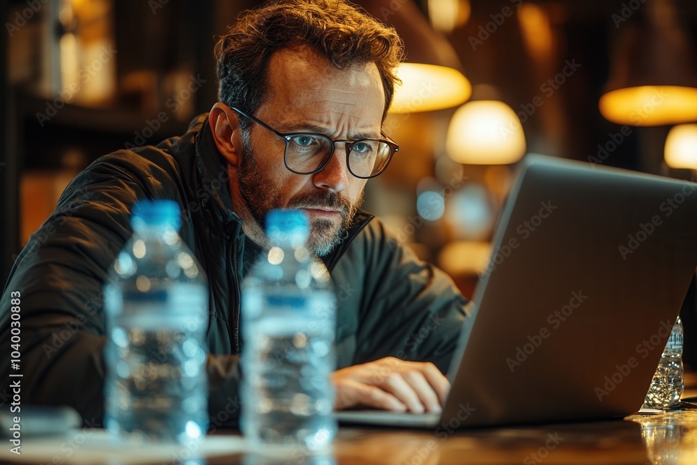 A young man with glasses concentrates intently on his laptop while sitting at a table in a warm, inviting café. Water bottles are visible nearby, adding to the relaxed atmosphere in the evening. A young man with glasses concentrates intently on his laptop while sitting at a table in a warm, inviting café. Water bottles are visible nearby, adding to the relaxed atmosphere in the evening.