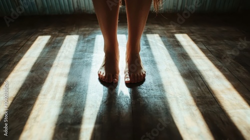 Feet are positioned on a wooden floor kissed by sunlight, creating artistic strips of light and shadow, symbolizing groundedness and an appreciation for solitude.