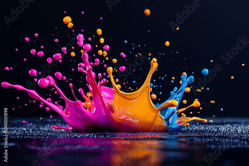 Highsaturation color splashes creating a dynamic explosion over a textured surface photo