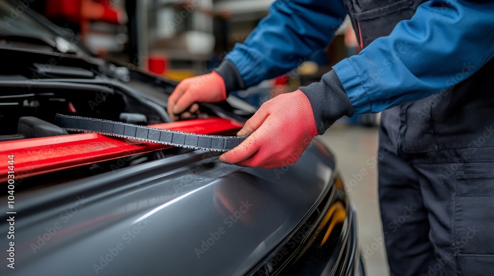 Mechanic Examining a Car's Engine Belt Mechanic Examining a Car's Engine Belt