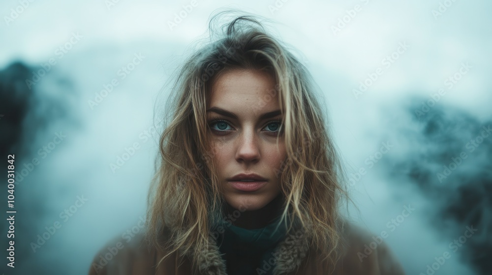 A striking woman with intense blue eyes peers through a smoky mist, creating an enigmatic and captivating atmosphere among the blurred backgrounds. A striking woman with intense blue eyes peers through a smoky mist, creating an enigmatic and captivating atmosphere among the blurred backgrounds.