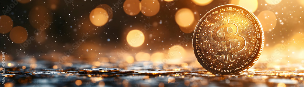 Macro Image of Glowing Promotional Coin with Currency Symbols, Close Up Shot Focused on Financial Promotions, Advertising, and Copy Space, Abstract Background with Bokeh Effects Macro Image of Glowing Promotional Coin with Currency Symbols, Close Up Shot Focused on Financial Promotions, Advertising, and Copy Space, Abstract Background with Bokeh Effects