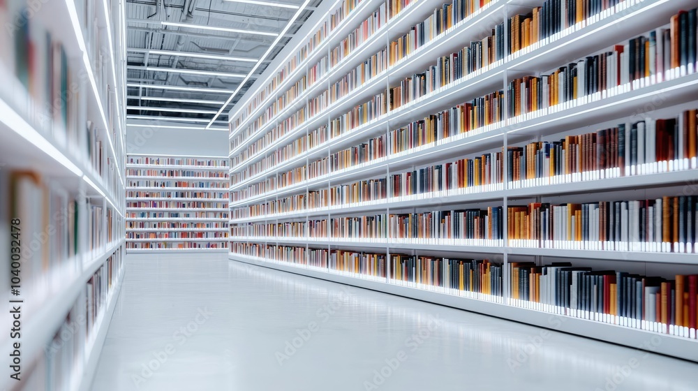 Obraz premium Modern library interior with shelves full of books and bright, spacious design.