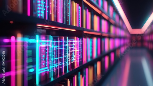 Vibrant abstract digital library with colorful neon lights and books.